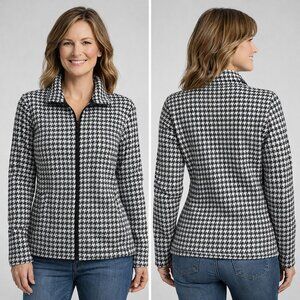 Lands’ End Houndstooth Fleece Jacket Black White Full Zip Women’s L Petite Cozy